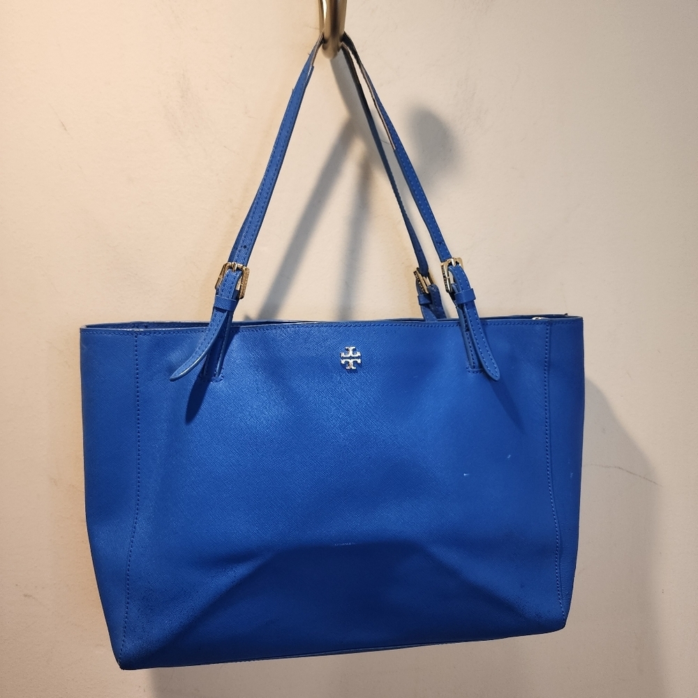 Tory Burch Bright Blue Leather Tote with Logo Accent